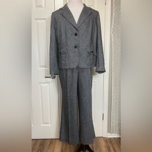 Talbots Gray and Black Wool Blend Blazer Suit Set Two Buttons and Wide Leg 18W